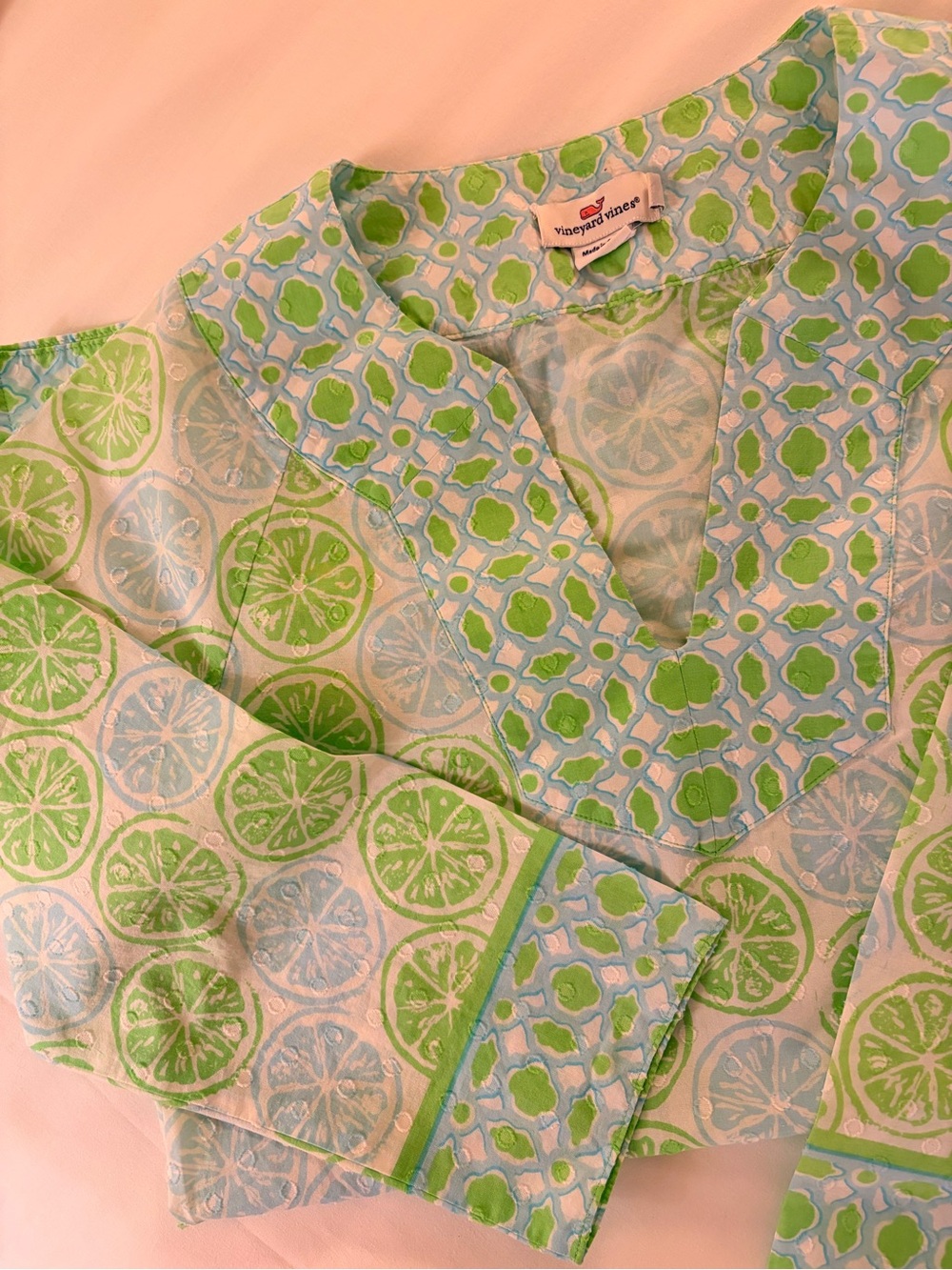 Green & Light Blue Citrus Print Women's Tunic Top